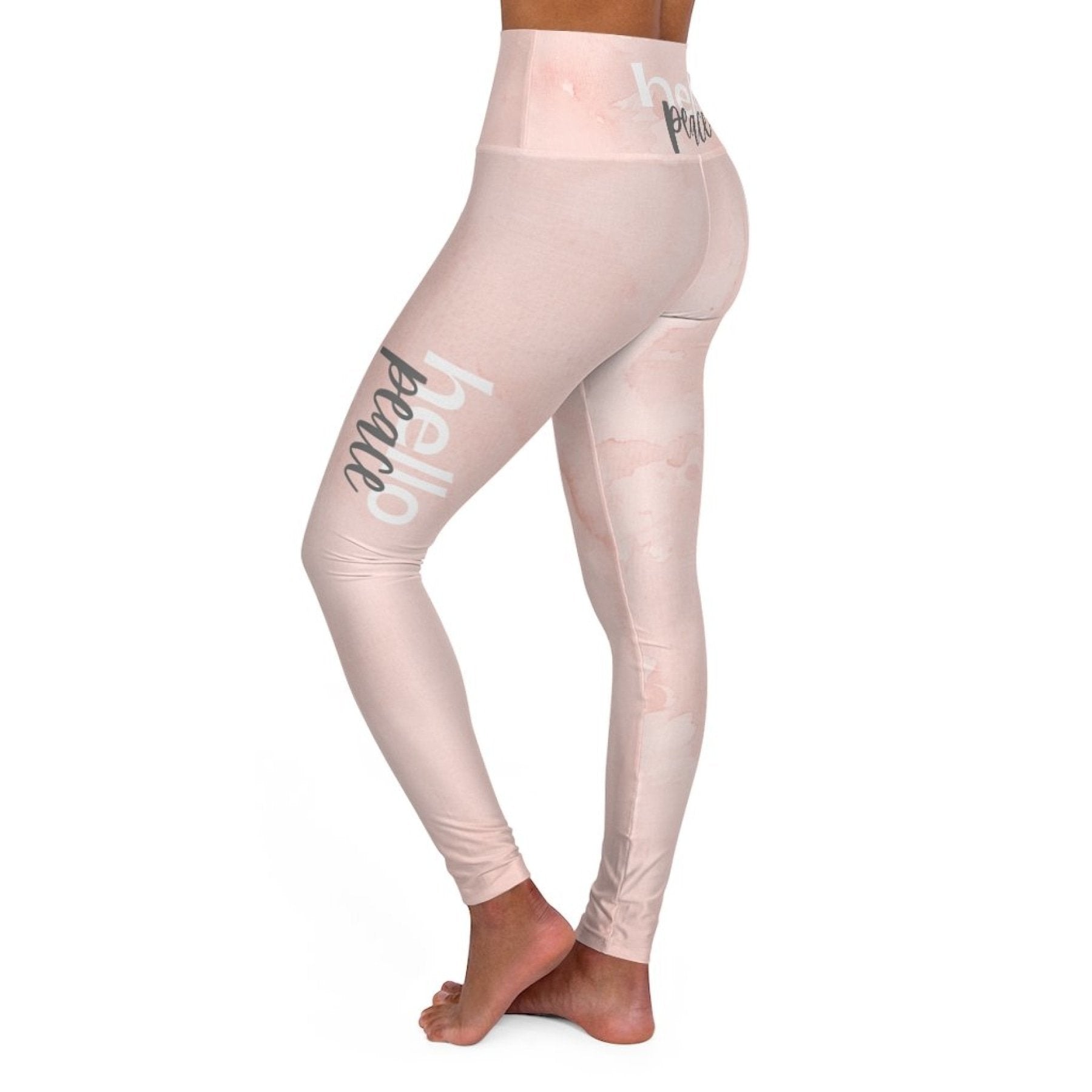 High Waisted Yoga Leggings, Peach Marble Hello Peace Graphic Style